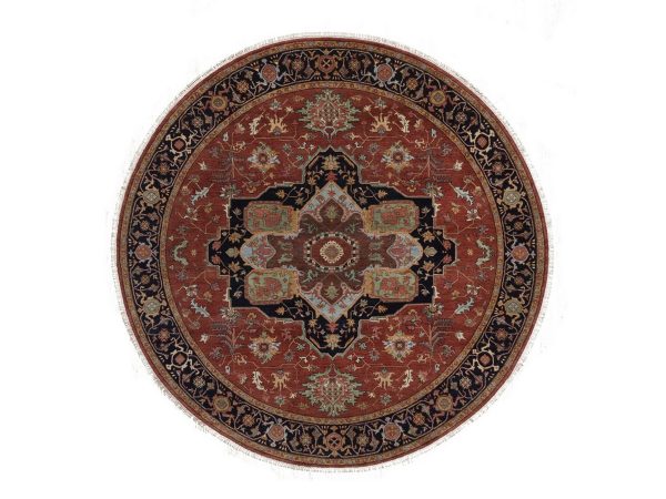 7'10"x7'10" Barn Red, Antiqued Fine Heriz Re-Creation, Medallions Design, Hand Spun New Zealand Wool, Hand Knotted, Denser Weave, Soft Pile, Vegetable Dyes, Round, Oriental Rug HR92804