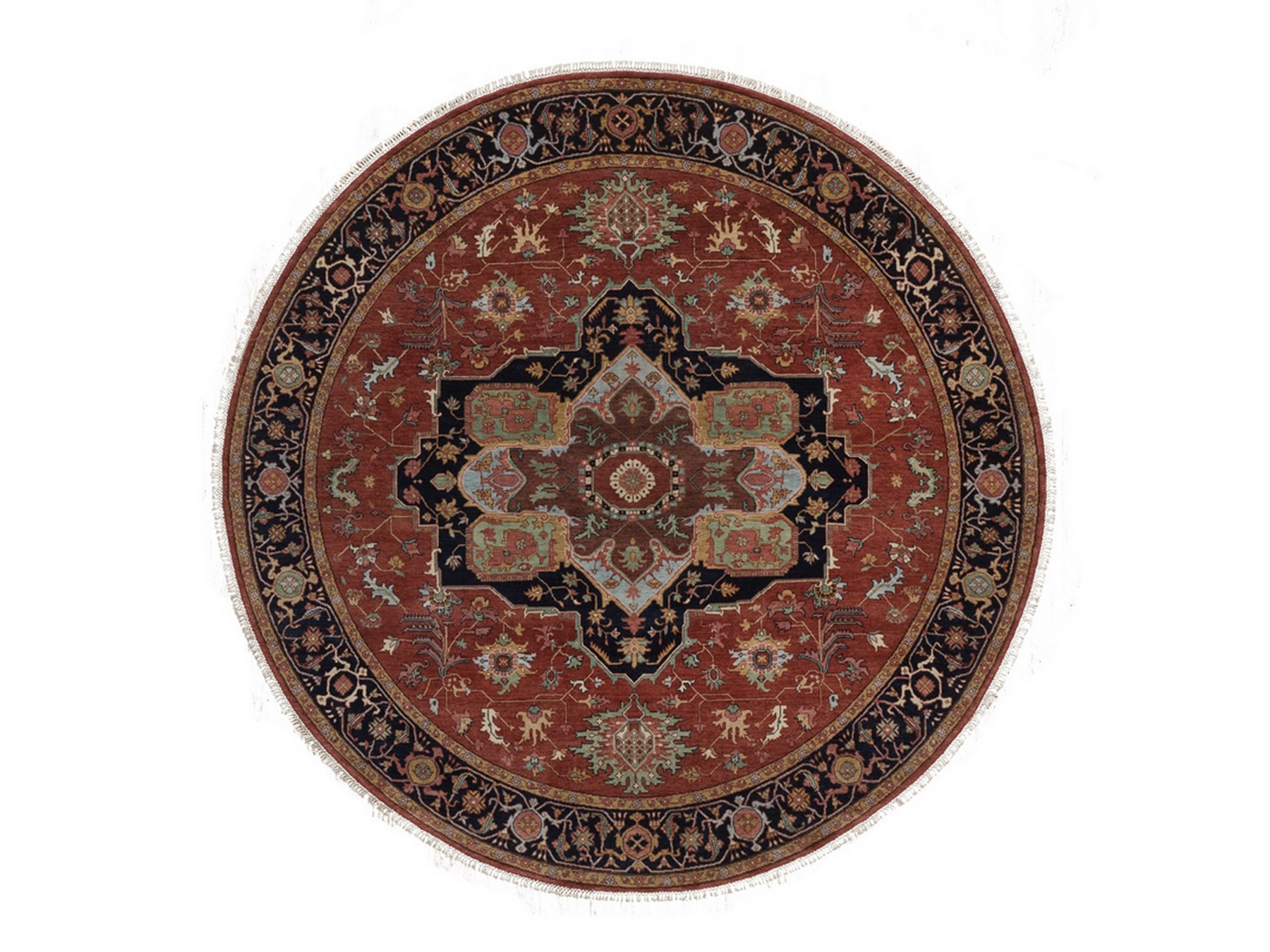 7'10"x7'10" Barn Red, Antiqued Fine Heriz Re-Creation, Medallions Design, Hand Spun New Zealand Wool, Hand Knotted, Denser Weave, Soft Pile, Vegetable Dyes, Round, Oriental Rug HR92804