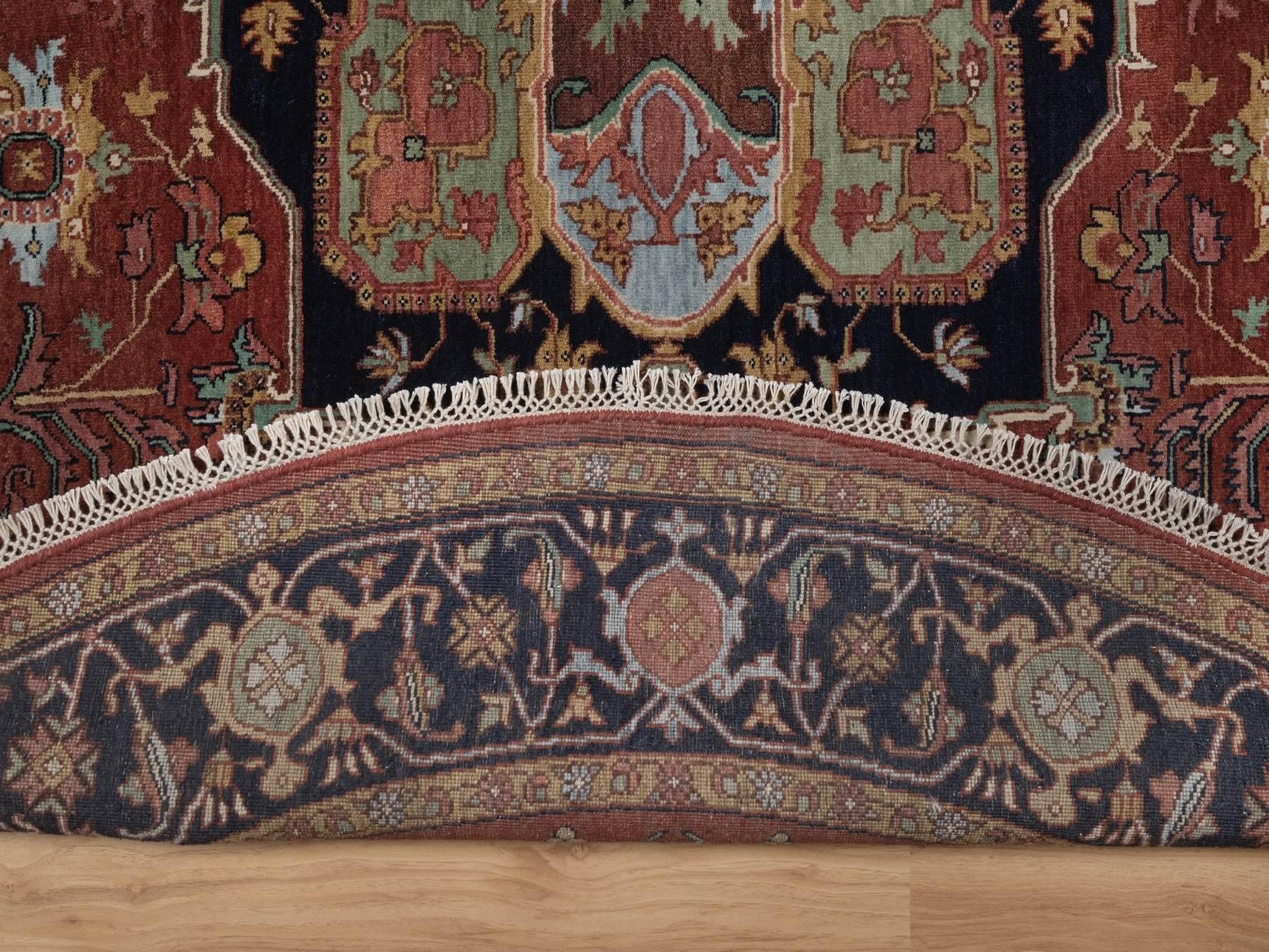 7'10"x7'10" Barn Red, Antiqued Fine Heriz Re-Creation, Medallions Design, Hand Spun New Zealand Wool, Hand Knotted, Denser Weave, Soft Pile, Vegetable Dyes, Round, Oriental Rug HR92804 - Image 4