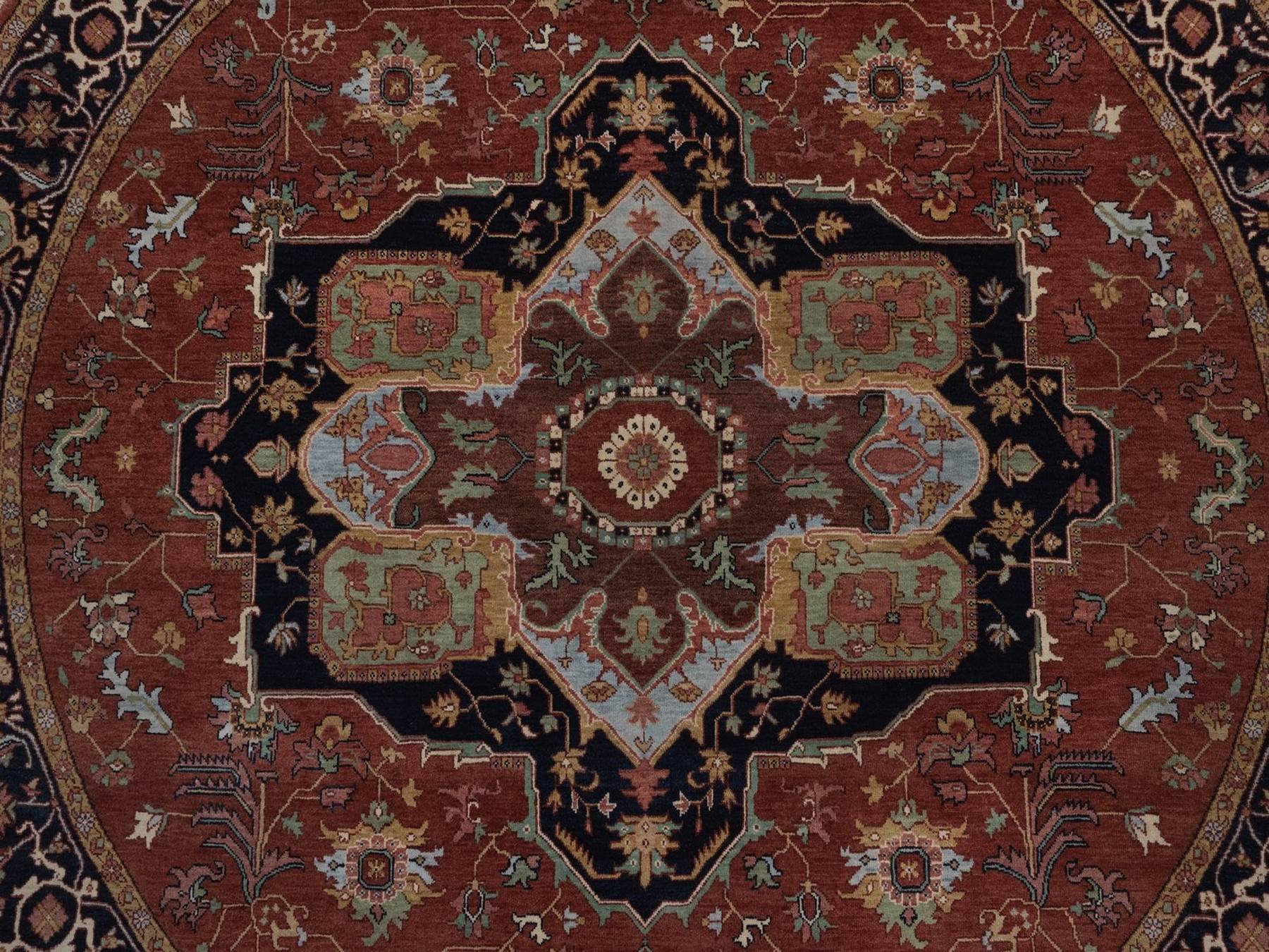 7'10"x7'10" Barn Red, Antiqued Fine Heriz Re-Creation, Medallions Design, Hand Spun New Zealand Wool, Hand Knotted, Denser Weave, Soft Pile, Vegetable Dyes, Round, Oriental Rug HR92804 - Image 8