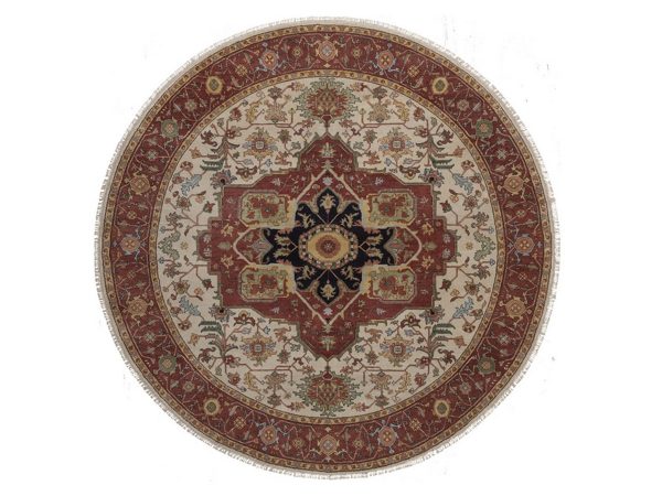 8'x8' Chiffon White, Antiqued Fine Heriz Re-Creation with Medallion Design, Hand Knotted, Hand Spun New Zealand Wool, Soft Pile, Vegetable Dyes, Round, Oriental Rug HR92805
