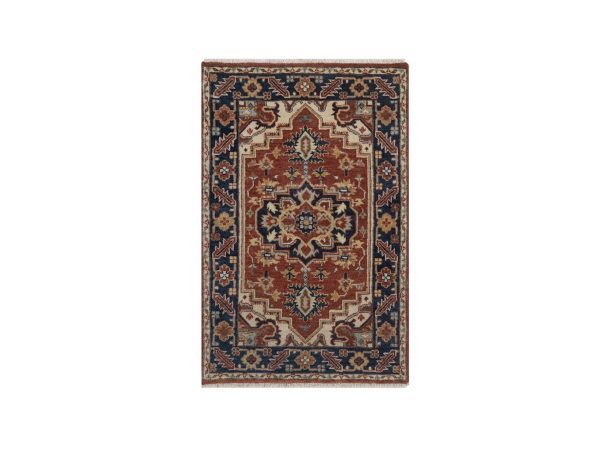 2'x3' Auburn Red, Antiqued Fine Heriz Re-Creation, Medallion Design, Hand Knotted, Hand Spun New Zealand Wool, Vegetable Dyes, Soft Pile, Denser Weave, Sample, Mat, Oriental Rug HR92808