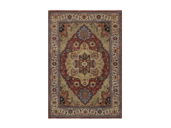 4'x6' Barn Red, Hand Knotted, Antiqued Fine Heriz Re-Creation with Medallion Design, Hand Spun New Zealand Wool, Denser Weave, Vegetable Dyes, Oriental Rug HR92809