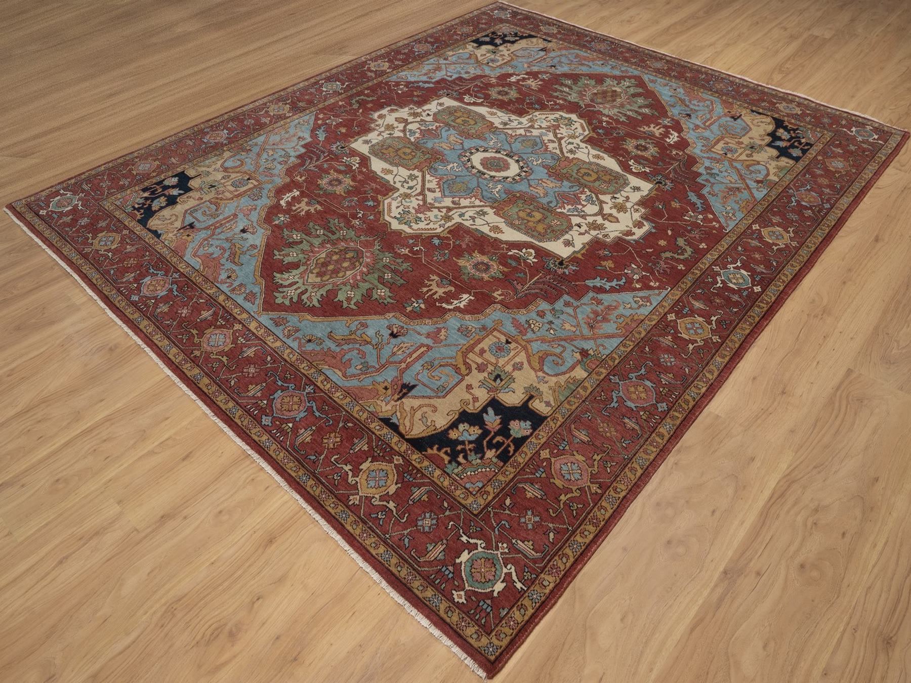 8'2"x10'1" Brick Red, Antiqued Fine Heriz Re-Creation with Medallion Design, Hand Knotted, Hand Spun New Zealand Wool, Denser Weave, Vegetable Dyes, Oriental Rug HR92810 - Image 3