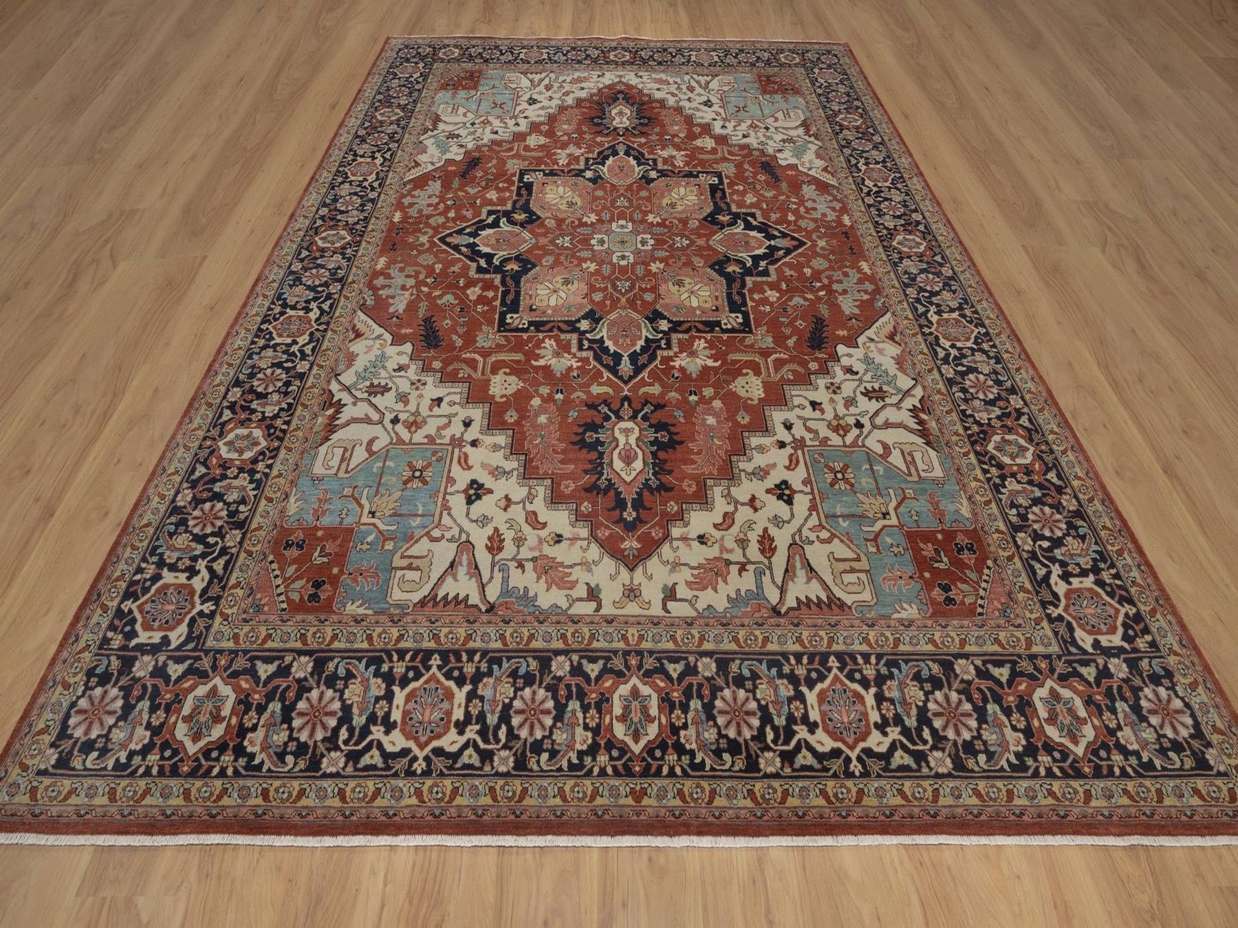 8'8"x12' Auburn Red, Antiqued Fine Heriz Re-Creation, Medallion Design, Hand Knotted, Hand Spun New Zealand Wool, Denser Weave, Vegetable Dyes, Oriental Rug HR92814 - Image 2