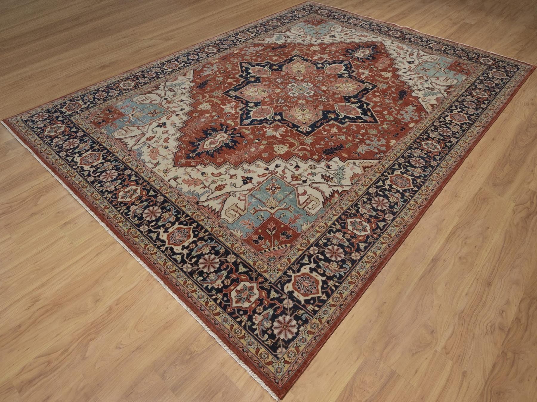 8'8"x12' Auburn Red, Antiqued Fine Heriz Re-Creation, Medallion Design, Hand Knotted, Hand Spun New Zealand Wool, Denser Weave, Vegetable Dyes, Oriental Rug HR92814 - Image 3