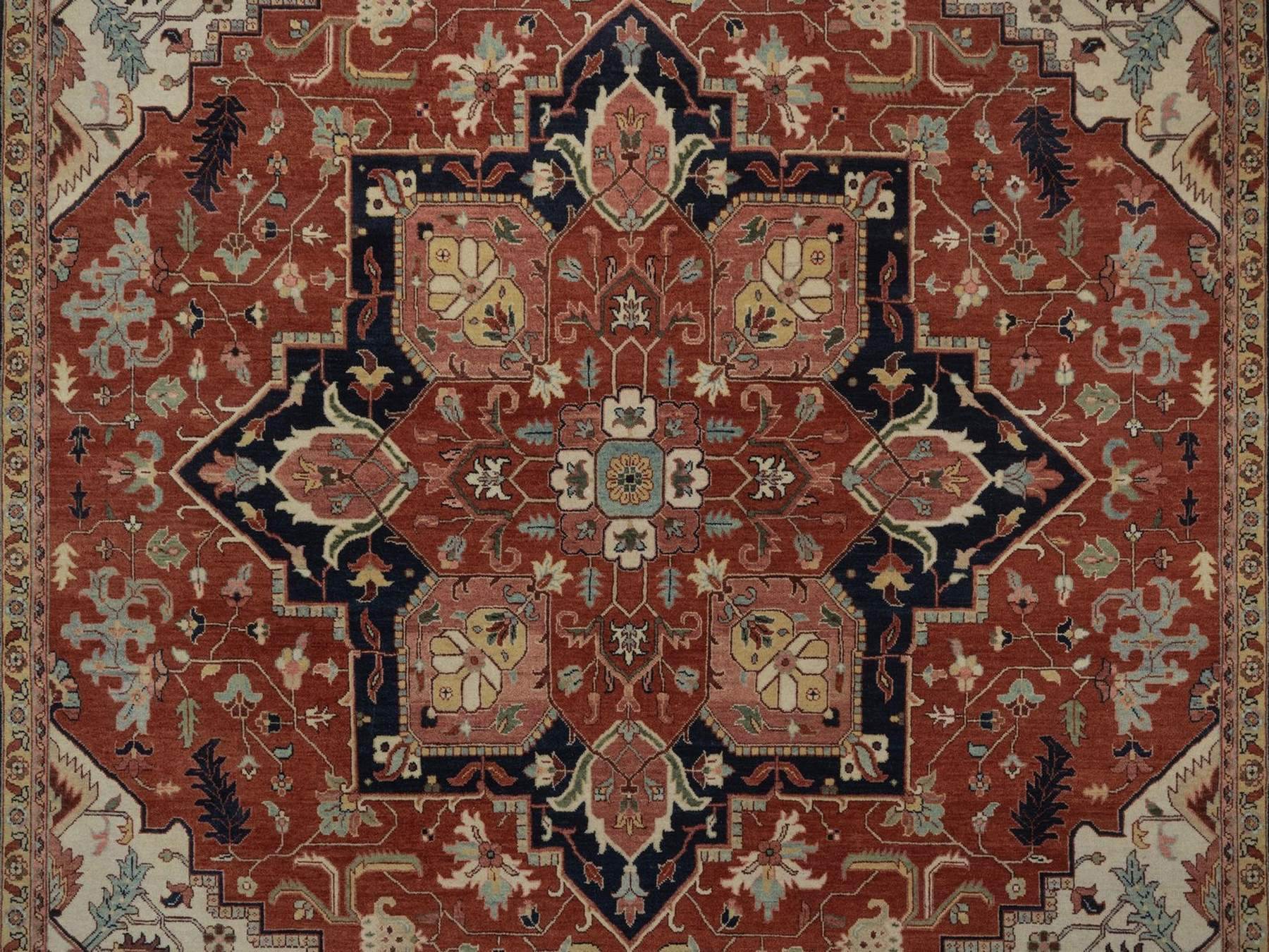 8'8"x12' Auburn Red, Antiqued Fine Heriz Re-Creation, Medallion Design, Hand Knotted, Hand Spun New Zealand Wool, Denser Weave, Vegetable Dyes, Oriental Rug HR92814 - Image 8