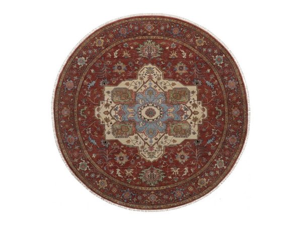 8'x8' Brick Red, Antiqued Fine Heriz Re-Creation with Medallion Design, Hand Knotted, Hand Spun New Zealand Wool, Denser Weave, Vegetable Dyes, Round, Oriental Rug HR92815