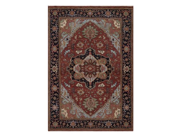 5'x7'3" Barn Red, Antiqued Fine Heriz Re-Creation, Medallion Design, Hand Knotted, Hand Spun New Zealand Wool, Denser Weave, Soft Pile, Vegetable Dyes, Oriental Rug HR92819