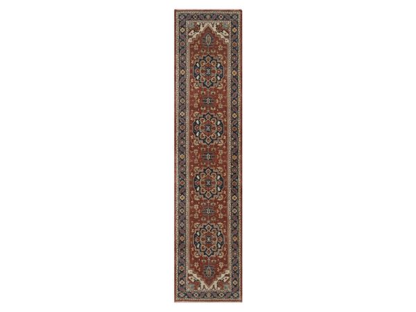 2'4"x10'2" Auburn Red, Antiqued Fine Heriz Re-Creation, Medallions Design, Hand Spun New Zealand Wool, Hand Knotted, Vegetable Dyes, Soft Pile, Denser Weave, Narrow Runner, Oriental Rug HR92825