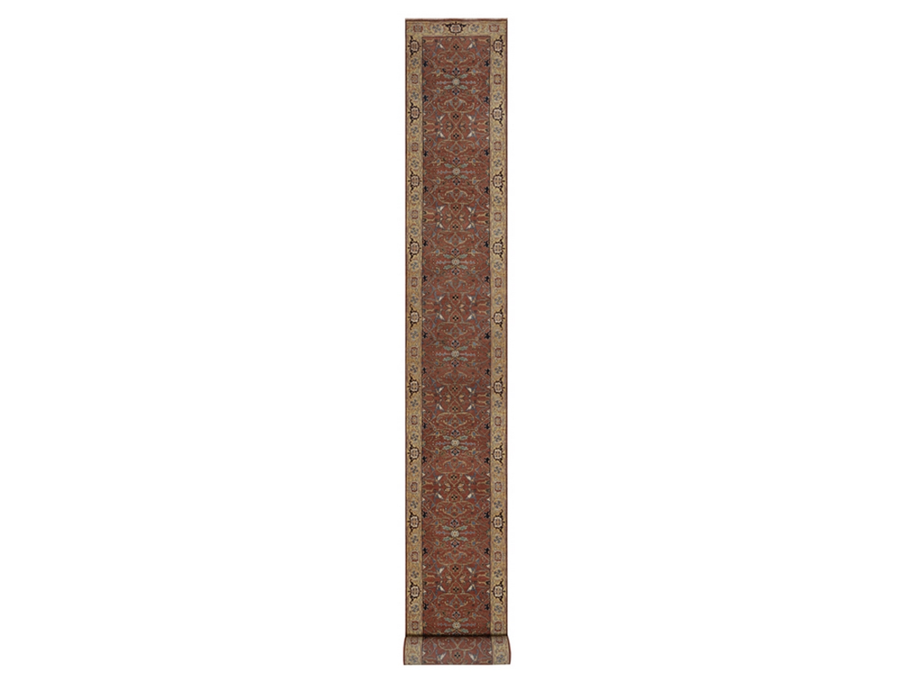 2'7"x23'9" Auburn Red, Antiqued Fine Heriz Re-Creation, All Over Design, Hand Knotted, Hand Spun New Zealand Wool, Soft Pile, Vegetable Dyes, XL Runner, Oriental Rug HR92828