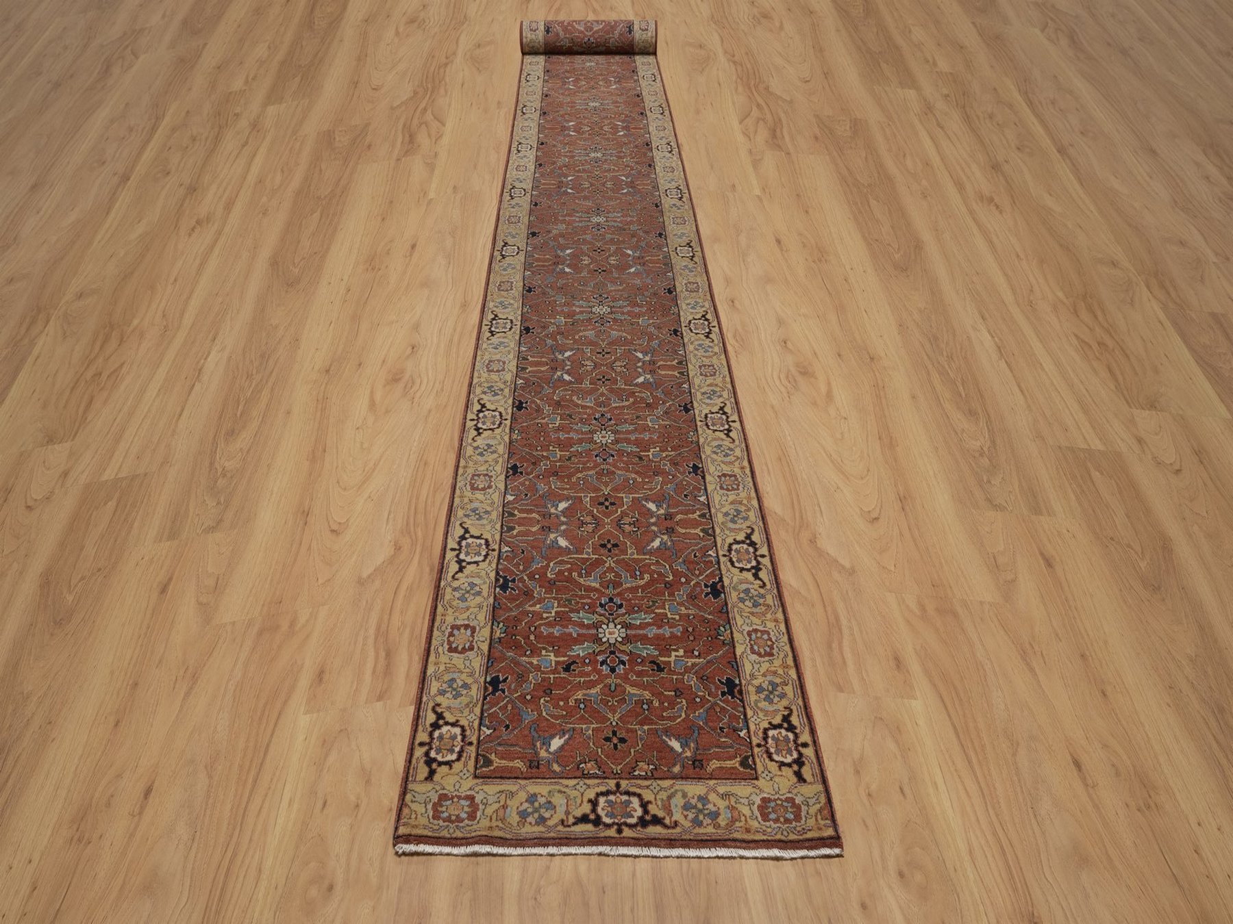 2'7"x23'9" Auburn Red, Antiqued Fine Heriz Re-Creation, All Over Design, Hand Knotted, Hand Spun New Zealand Wool, Soft Pile, Vegetable Dyes, XL Runner, Oriental Rug HR92828 - Image 2