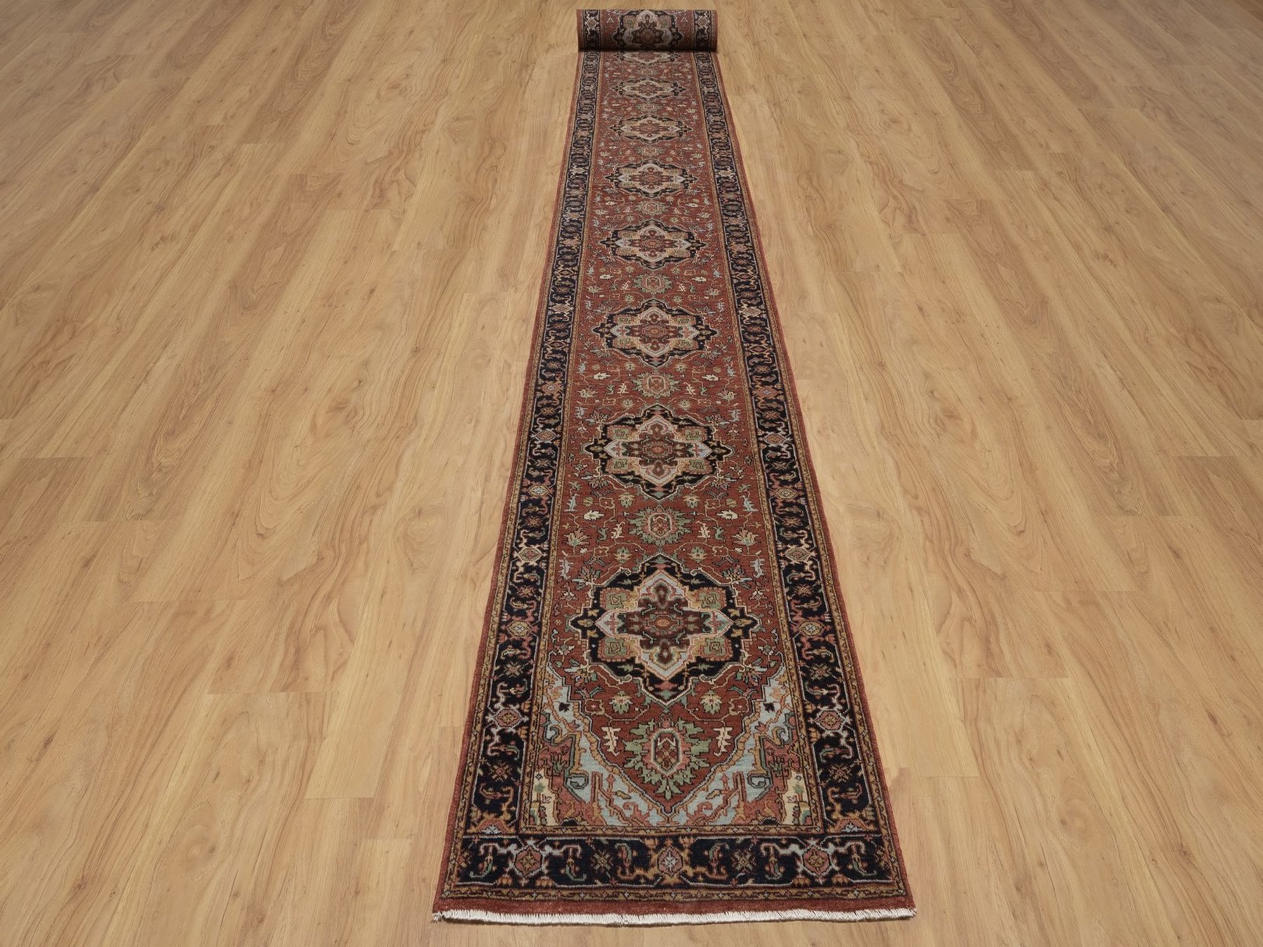 2'7"x27'8" Barn Red, Antiqued Fine Heriz Re-Creation, Medallions Design, Hand Knotted, Hand Spun New Zealand Wool, Denser Weave, Soft Pile, Vegetable Dyes, XL Runner, Oriental Rug HR92829 - Image 2