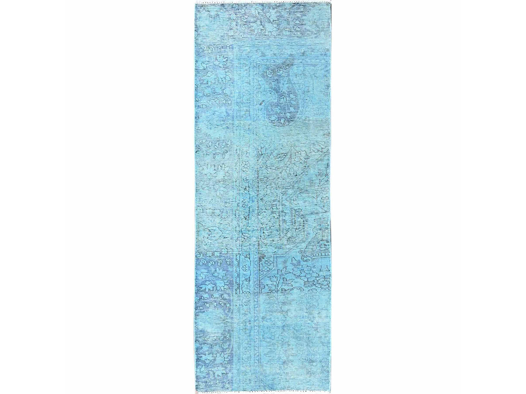 2'x6' Crystal Blue, Overdyed Vintage Persian Tabriz, 100% Wool, Hand Knotted, Worn and Distressed, Sides and Ends Professionally Secured, Shaved Low, Fragment, Short & Narrow Runner, Oriental Rug HR954