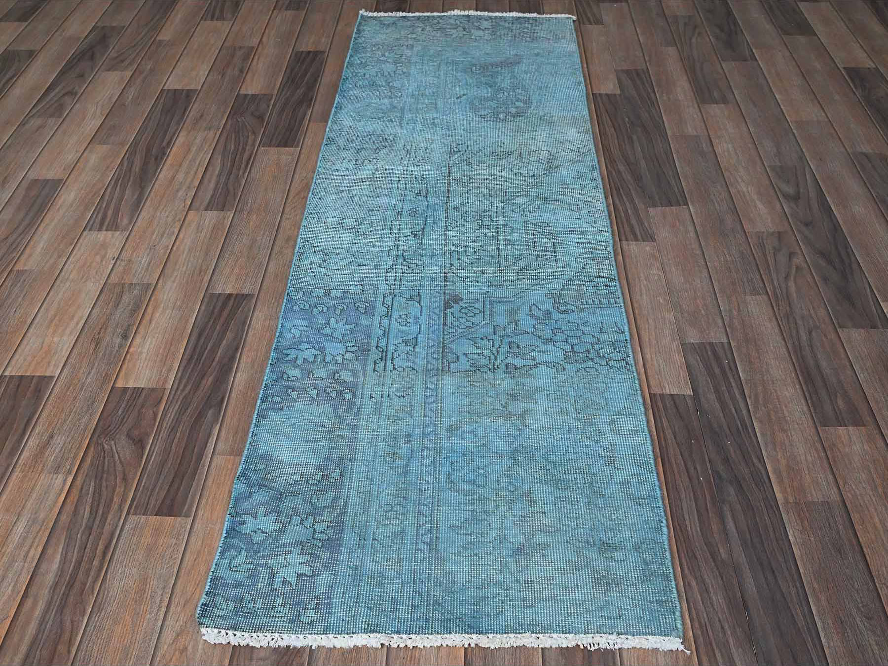 2'x6' Crystal Blue, Overdyed Vintage Persian Tabriz, 100% Wool, Hand Knotted, Worn and Distressed, Sides and Ends Professionally Secured, Shaved Low, Fragment, Short & Narrow Runner, Oriental Rug HR954 - Image 2