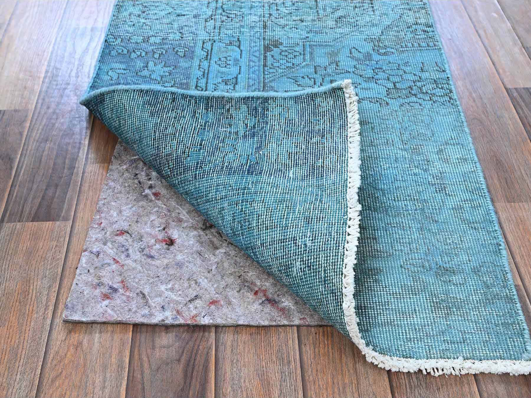 2'x6' Crystal Blue, Overdyed Vintage Persian Tabriz, 100% Wool, Hand Knotted, Worn and Distressed, Sides and Ends Professionally Secured, Shaved Low, Fragment, Short & Narrow Runner, Oriental Rug HR954 - Image 3