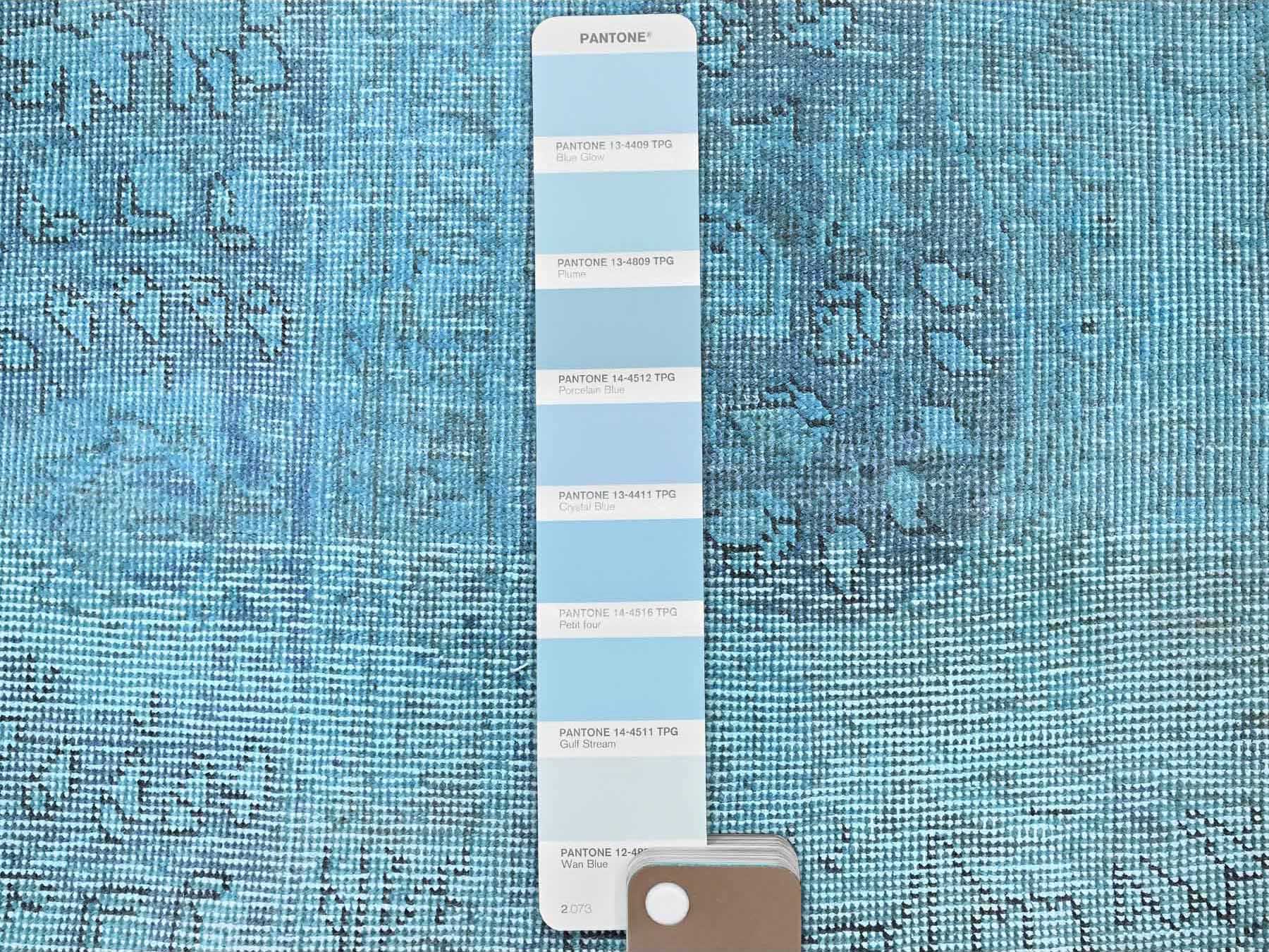 2'x6' Crystal Blue, Overdyed Vintage Persian Tabriz, 100% Wool, Hand Knotted, Worn and Distressed, Sides and Ends Professionally Secured, Shaved Low, Fragment, Short & Narrow Runner, Oriental Rug HR954 - Image 4