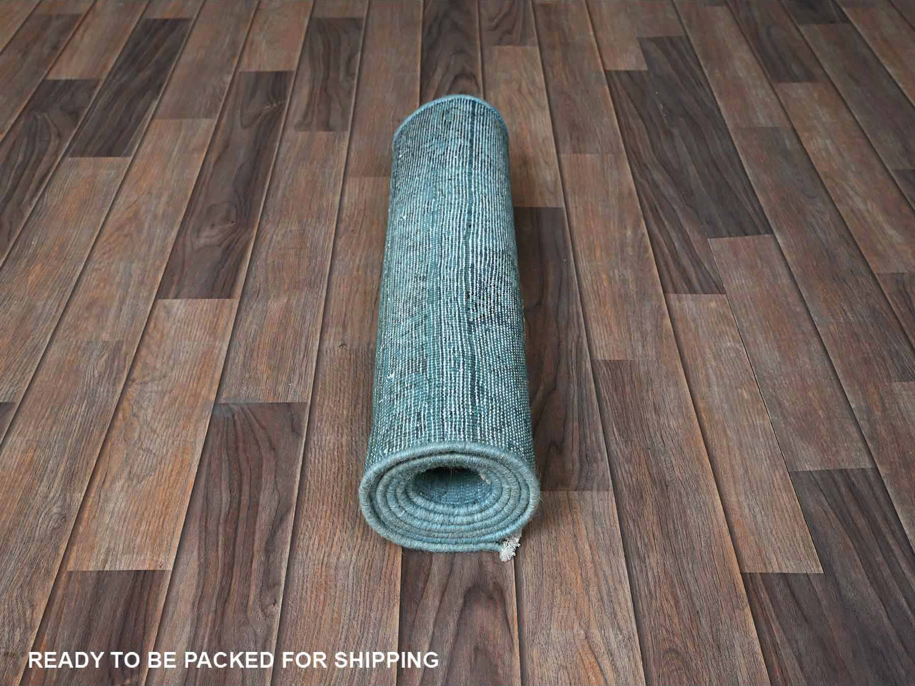 2'x6' Crystal Blue, Overdyed Vintage Persian Tabriz, 100% Wool, Hand Knotted, Worn and Distressed, Sides and Ends Professionally Secured, Shaved Low, Fragment, Short & Narrow Runner, Oriental Rug HR954 - Image 5