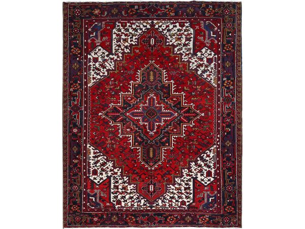 8'4"x10'7" Penn Red With Snow Drift White Corners, Hand Knotted, Clean, Good Condition, Tribal Weaving, Natural Dyes, Vintage Persian Heriz With Centre Flower Element, Oriental Rug HR158