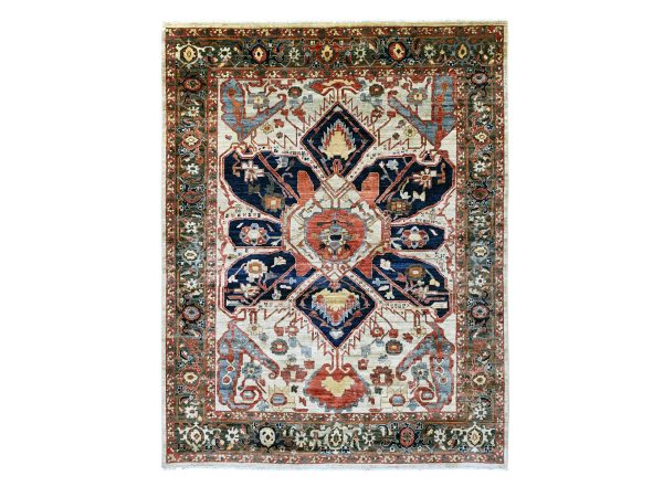 8'2"x10' Khaki Brown with Navy Blue, Hand Knotted, Serapi Heriz, Aryana Collection, Vegetable Dyes, 100% Wool, Densely Woven, Oriental Rug HR20004