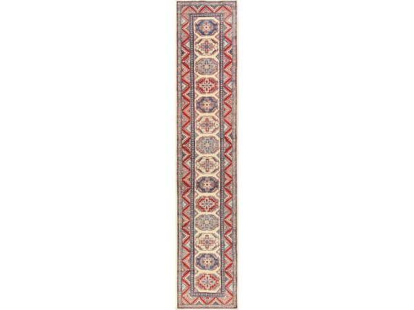 3'x15'3" Parchment White, Hand Knotted, Vegetable Dyes, Denser Weave, Kazak with Geometric Medallions Design, Pure Wool, XL, Runner, Oriental Rug HR2021