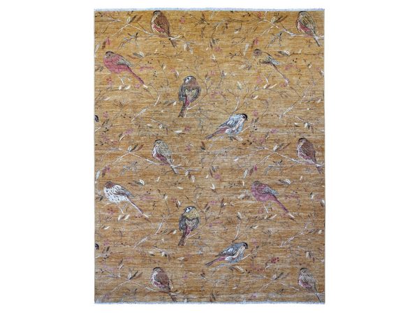 9'4"x11'8" Copper Brown, Soft to the Touch, Finely Hand Knotted, Sparrows on the Tree, Peshawar, High Mountain Wool, Oriental Rug HR21041