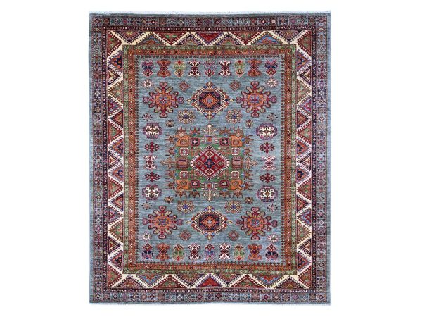 8'x9'7" Sonic Gray, Afghan Super Kazak with Tribal Medallion, Hand Knotted, Pure Wool, Vegetable Dyes, Oriental Rug HR21250