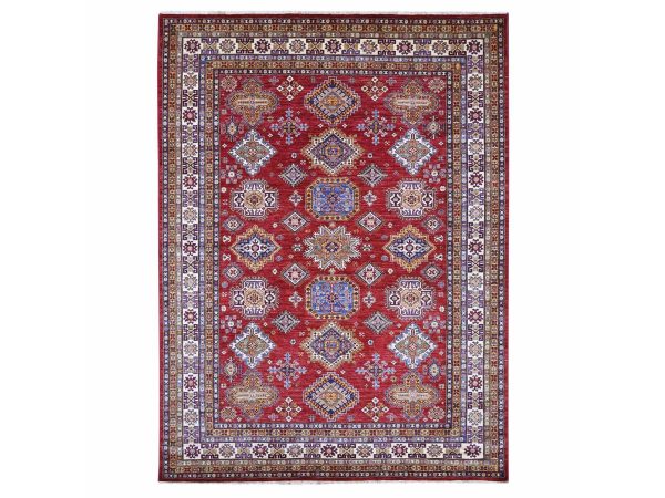 7'10"x10'6" Crimson Red, Afghan Super Kazak with Geometric Medallions Design, Hand Knotted, Soft and Shiny Wool, Vegetable Dyes, Oriental Rug HR21263