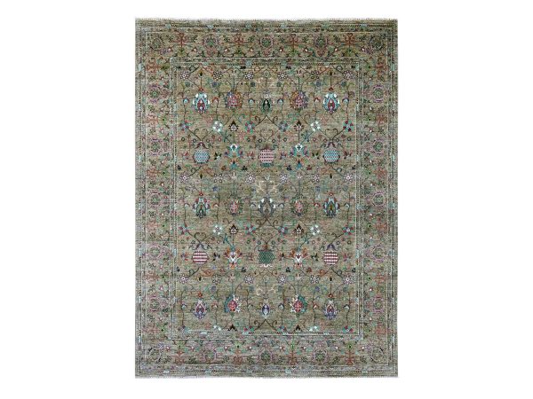 9'x12'1" Green Cast, Afghan Sultani with Pomegranate Design, Hand Knotted, High Mountain Wool, Soft Pile, Vegetable Dyes, Densely Woven, Oriental Rug HR21315