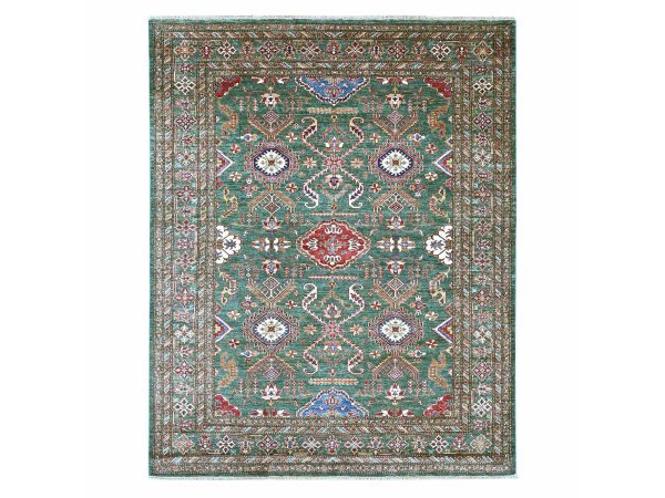 8'x10' Basil Green, Afghan Super Kazak with All Over Design, Hand Knotted, Pure Wool, Vegetable Dyes, Oriental Rug HR21400