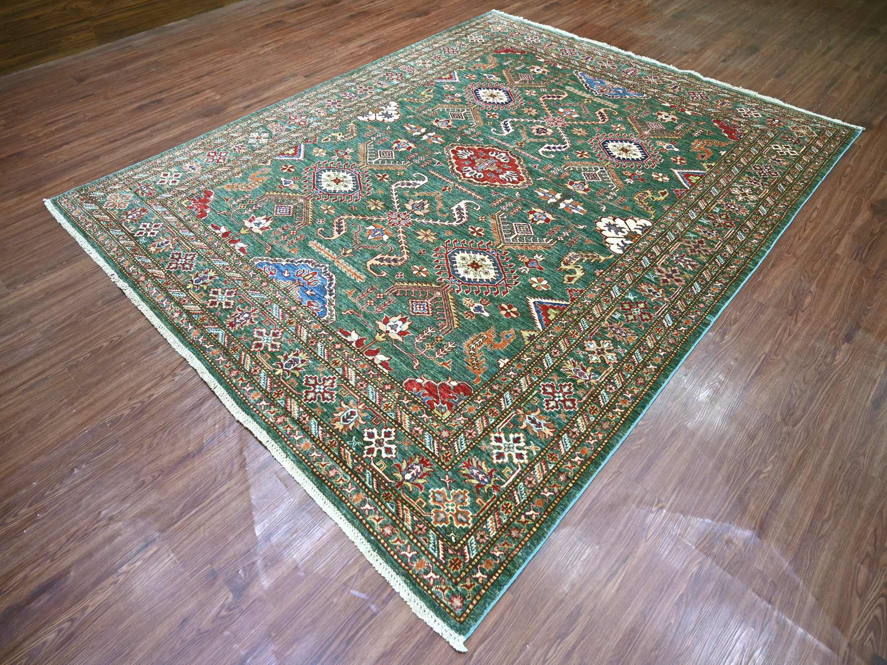 8'x10' Basil Green, Afghan Super Kazak with All Over Design, Hand Knotted, Pure Wool, Vegetable Dyes, Oriental Rug HR21400 - Image 3
