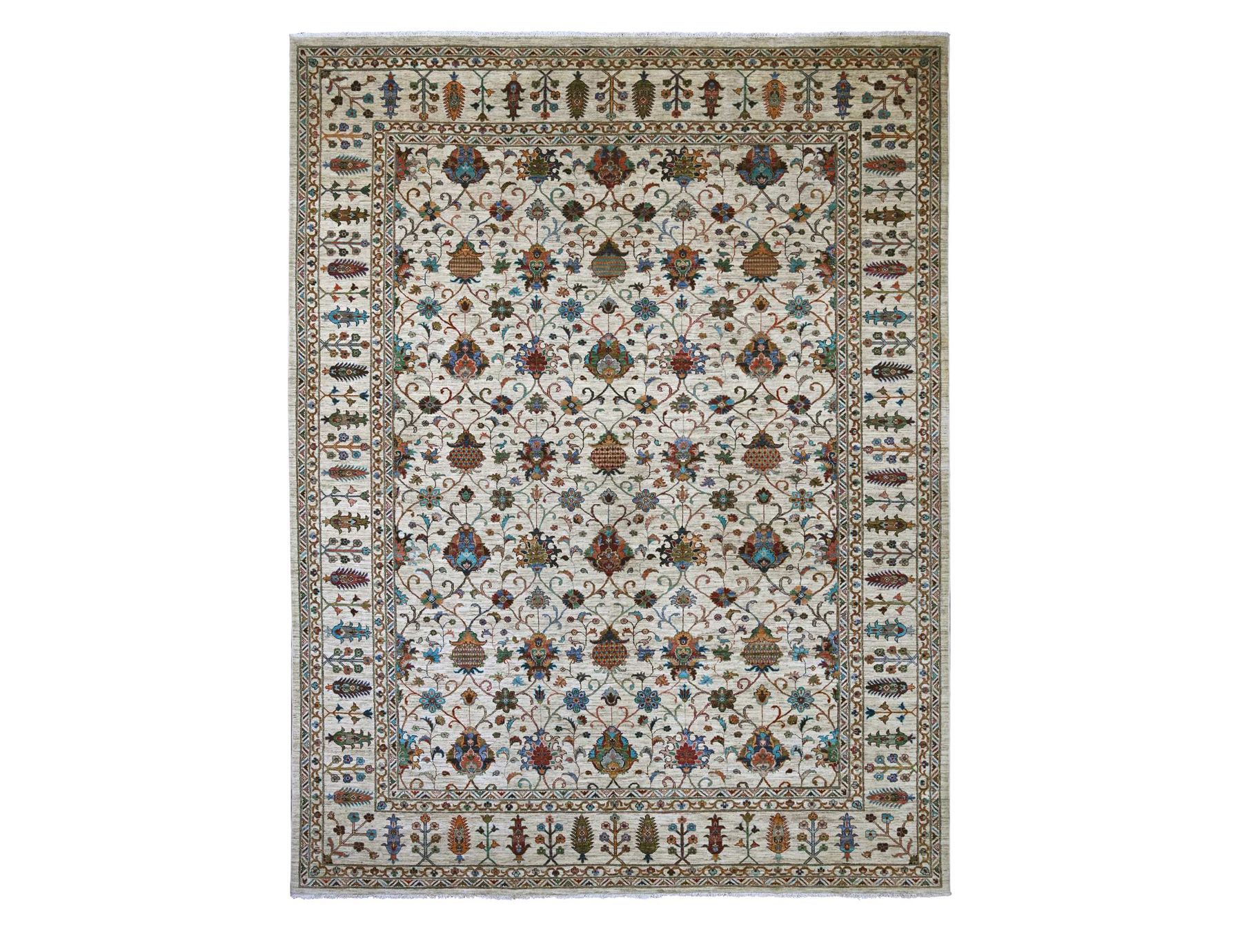 10'7"x13'7" Oyster White, Afghan Sultani with Pomegranate Design, Denser Weave, Vegetable Dyes, Hand Knotted, Soft Wool, Oriental Rug HR21402