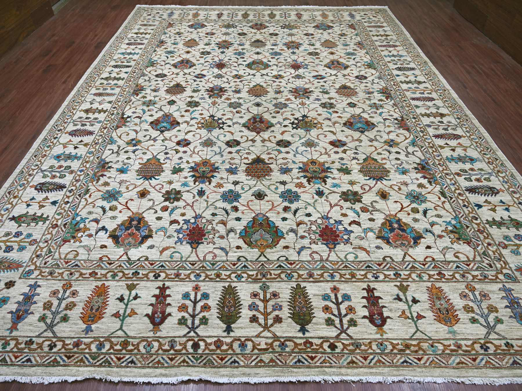 10'7"x13'7" Oyster White, Afghan Sultani with Pomegranate Design, Denser Weave, Vegetable Dyes, Hand Knotted, Soft Wool, Oriental Rug HR21402 - Image 2