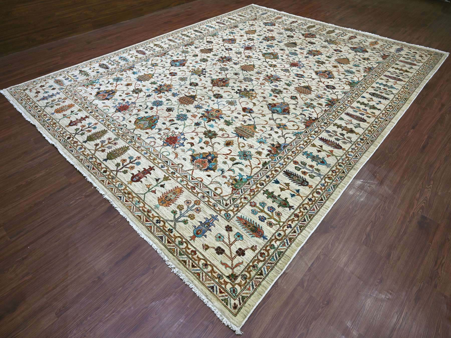10'7"x13'7" Oyster White, Afghan Sultani with Pomegranate Design, Denser Weave, Vegetable Dyes, Hand Knotted, Soft Wool, Oriental Rug HR21402 - Image 3