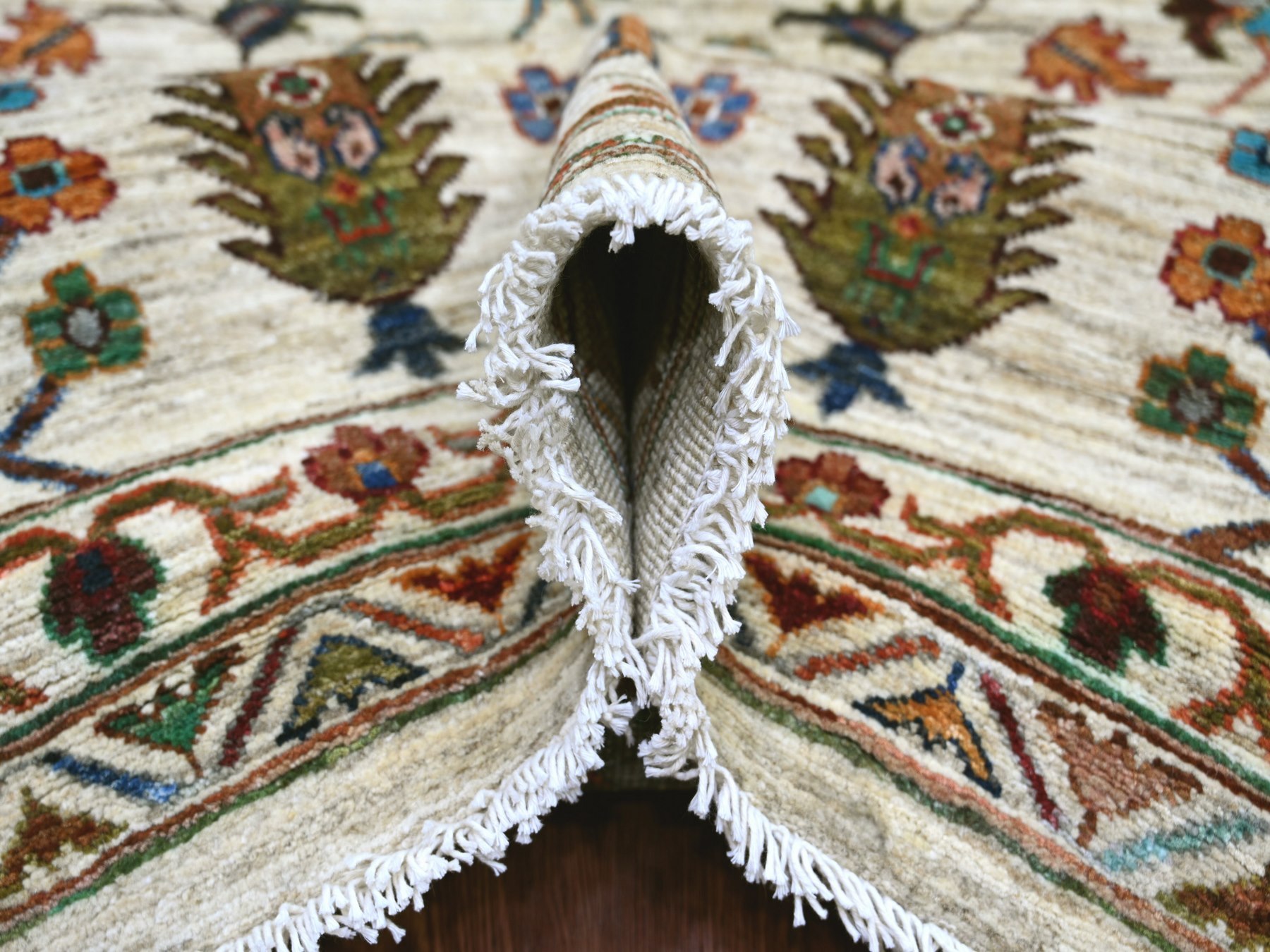 10'7"x13'7" Oyster White, Afghan Sultani with Pomegranate Design, Denser Weave, Vegetable Dyes, Hand Knotted, Soft Wool, Oriental Rug HR21402 - Image 5
