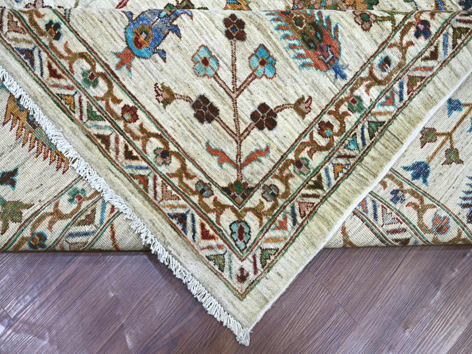 10'7"x13'7" Oyster White, Afghan Sultani with Pomegranate Design, Denser Weave, Vegetable Dyes, Hand Knotted, Soft Wool, Oriental Rug HR21402 - Image 6