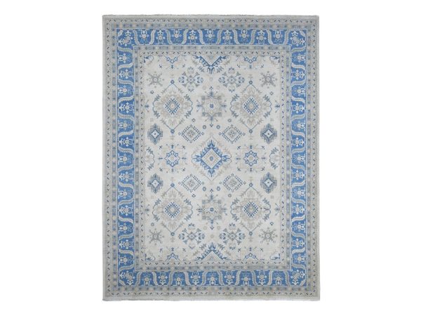 8'8"x11'3" Alabaster White, Hand Knotted, Vintage Look Kazak with All Over Design, 100% Wool, Natural Dyes, Oriental Rug HR21488