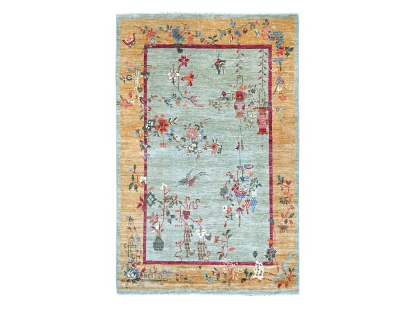 5'10"x9' Pistachio Green, Chinese Art Deco Inspired Peshawar, Hand Knotted, Soft and Vibrant Wool, Vegetable Dyes, Oriental Rug HR22356