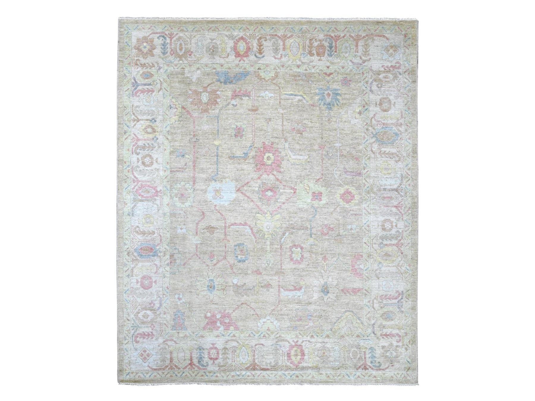 8'x9'6" Light Green, Afghan Angora Oushak with All Over Leaf Design, Hand Knotted, 100% Wool, Vegetable Dyes, Oriental Rug HR22681