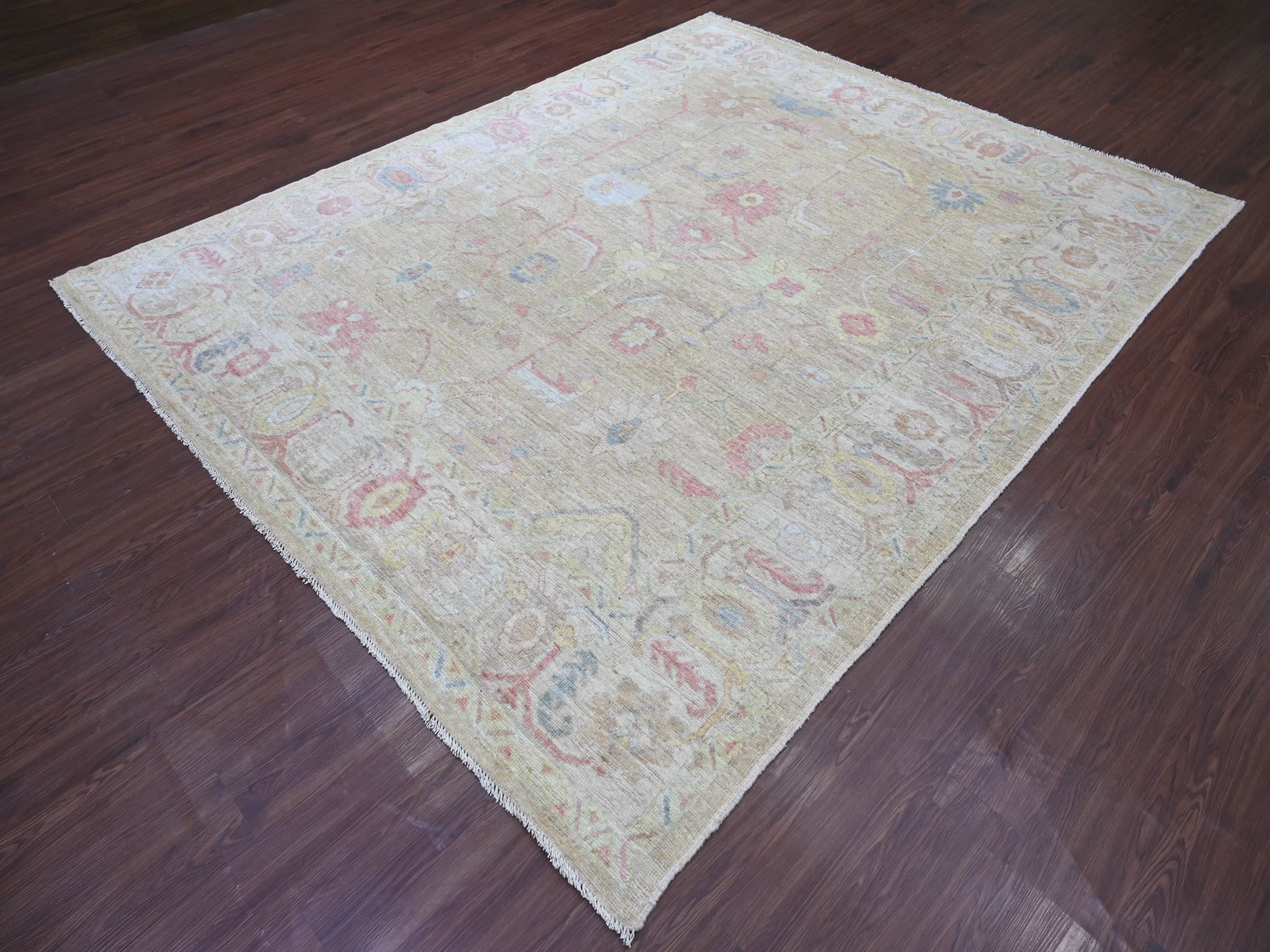 8'x9'6" Light Green, Afghan Angora Oushak with All Over Leaf Design, Hand Knotted, 100% Wool, Vegetable Dyes, Oriental Rug HR22681 - Image 3