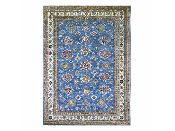 9'x12'2" Cerulean Blue, Pure Wool, Hand Knotted, Afghan Super Kazak with Geometric Motifs, Vegetable Dyes, Oriental Rug HR22770