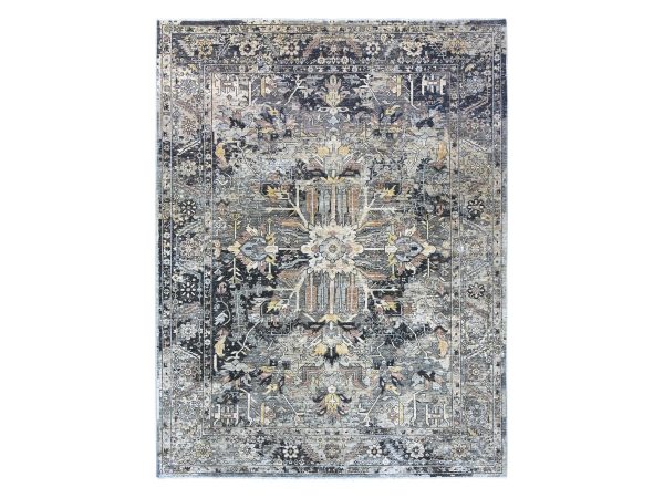 9'1"x11'8" Charcoal Black with Gold, Broken and Erased Serapi Heriz Design, Aryana Grade, High Mountain Shiny Afghan Wool, Hand Knotted, Oriental Rug HR23894