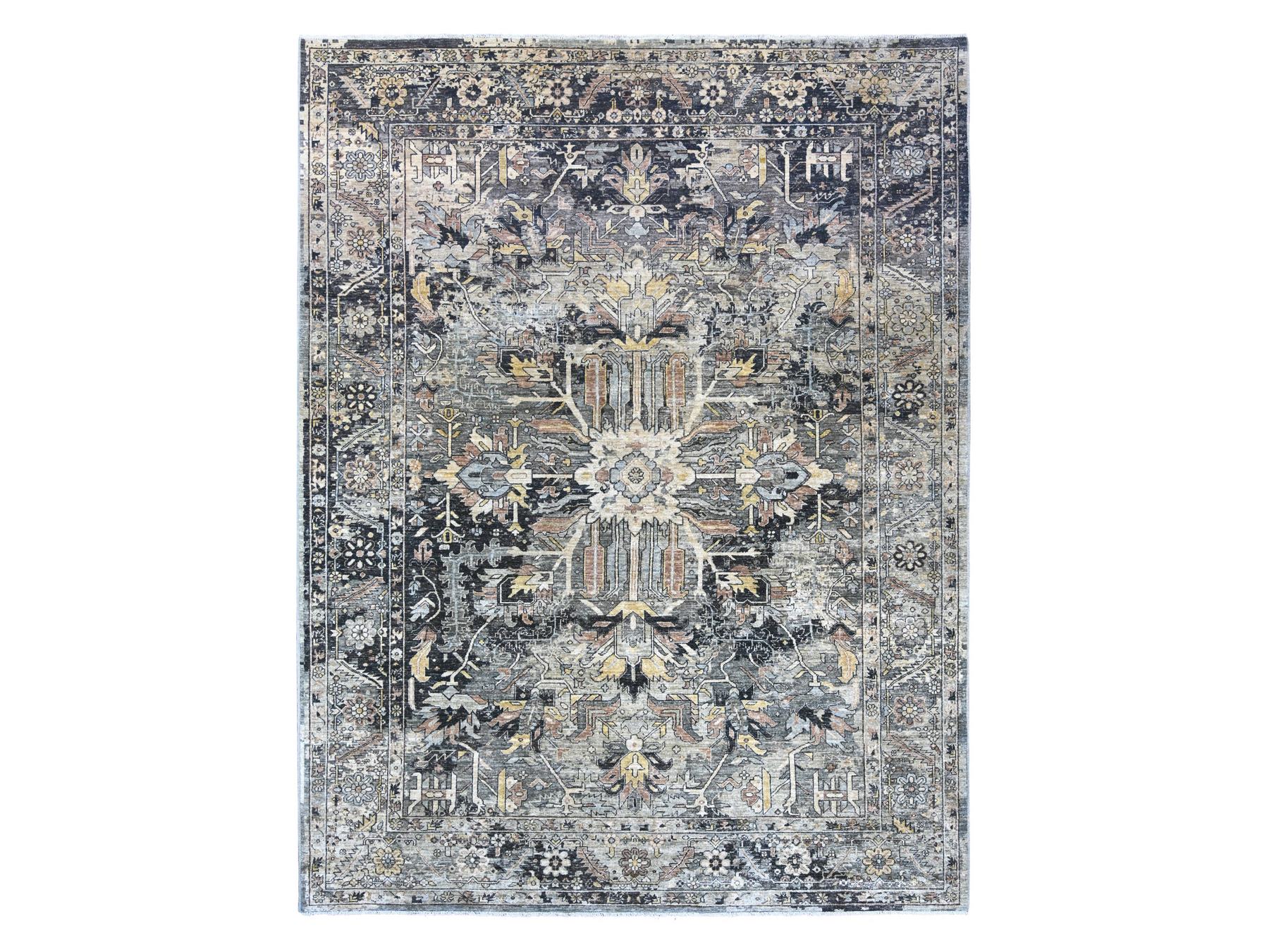 9'1"x11'8" Charcoal Black with Gold, Broken and Erased Serapi Heriz Design, Aryana Grade, High Mountain Shiny Afghan Wool, Hand Knotted, Oriental Rug HR23894