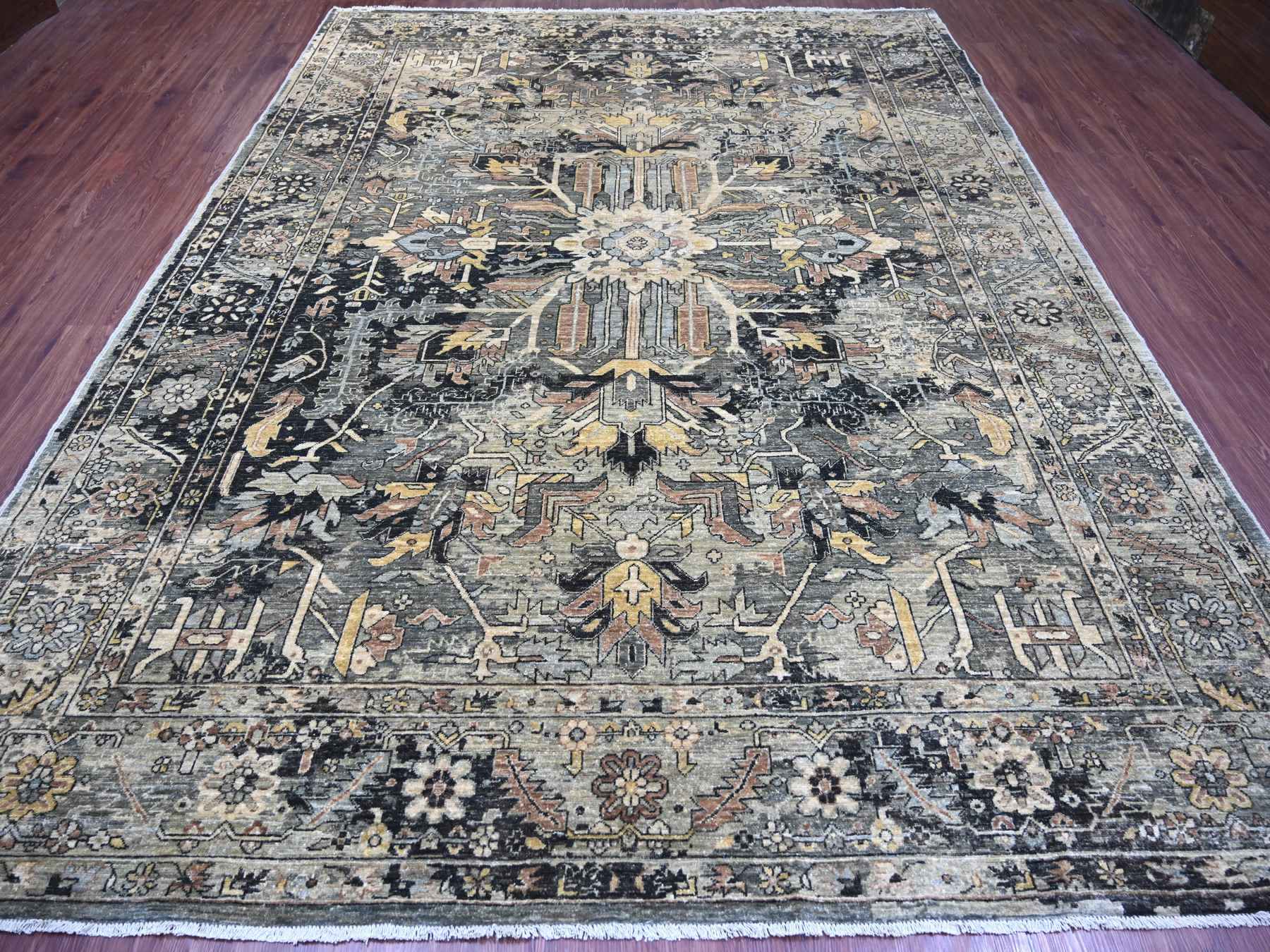 9'1"x11'8" Charcoal Black with Gold, Broken and Erased Serapi Heriz Design, Aryana Grade, High Mountain Shiny Afghan Wool, Hand Knotted, Oriental Rug HR23894 - Image 2