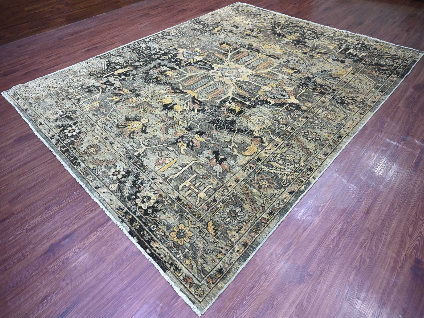 9'1"x11'8" Charcoal Black with Gold, Broken and Erased Serapi Heriz Design, Aryana Grade, High Mountain Shiny Afghan Wool, Hand Knotted, Oriental Rug HR23894 - Image 3