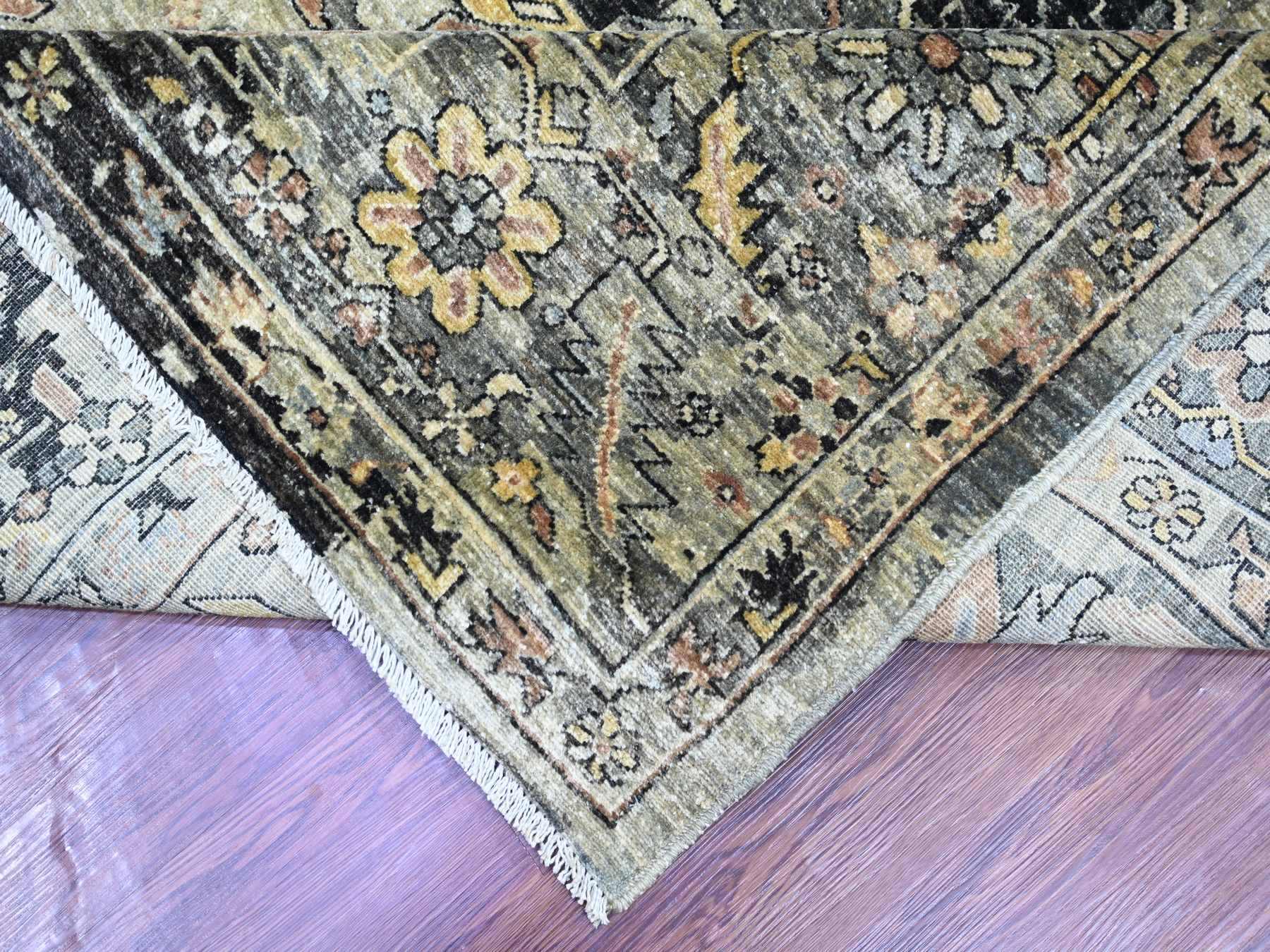 9'1"x11'8" Charcoal Black with Gold, Broken and Erased Serapi Heriz Design, Aryana Grade, High Mountain Shiny Afghan Wool, Hand Knotted, Oriental Rug HR23894 - Image 6