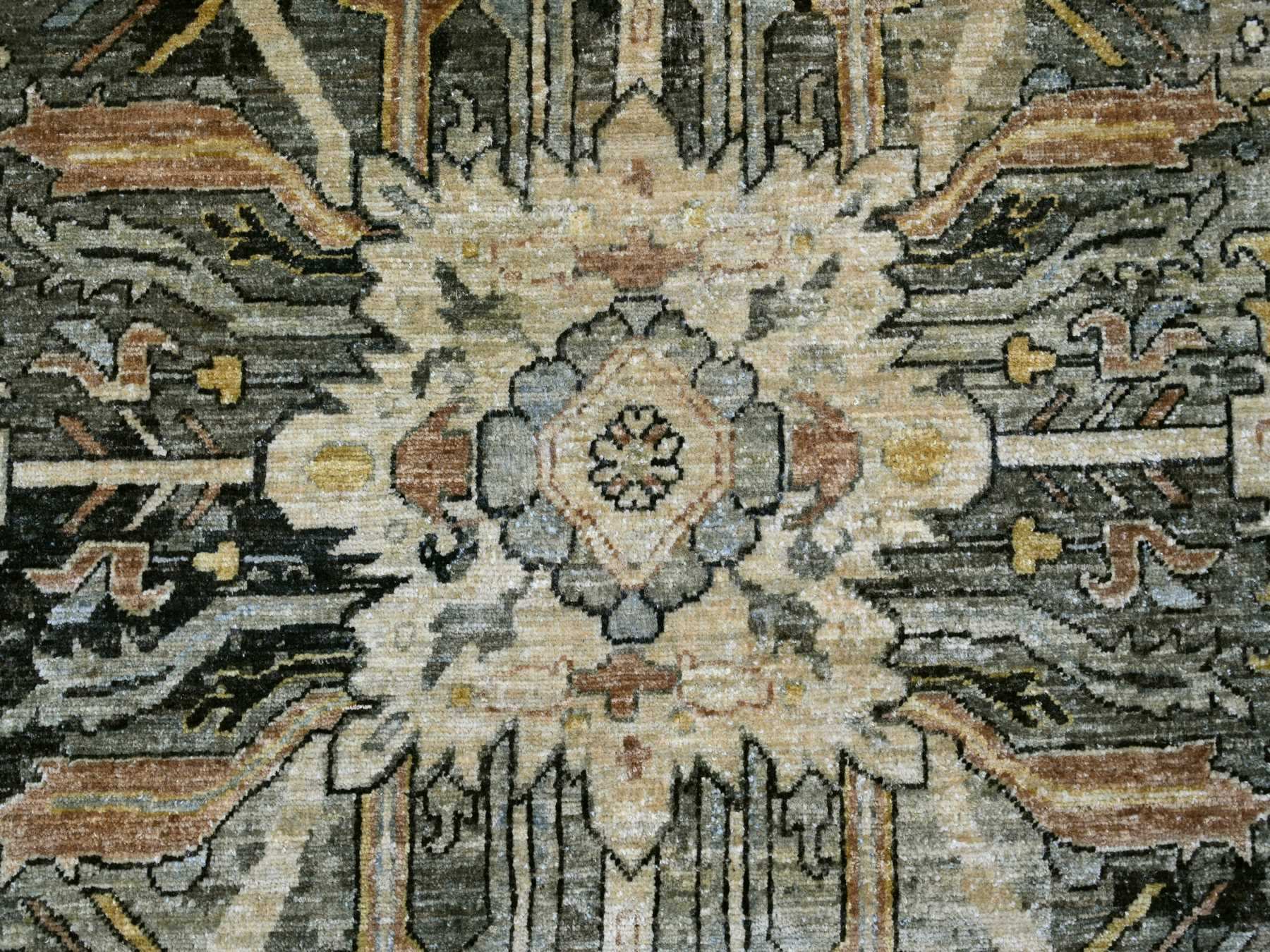 9'1"x11'8" Charcoal Black with Gold, Broken and Erased Serapi Heriz Design, Aryana Grade, High Mountain Shiny Afghan Wool, Hand Knotted, Oriental Rug HR23894 - Image 8