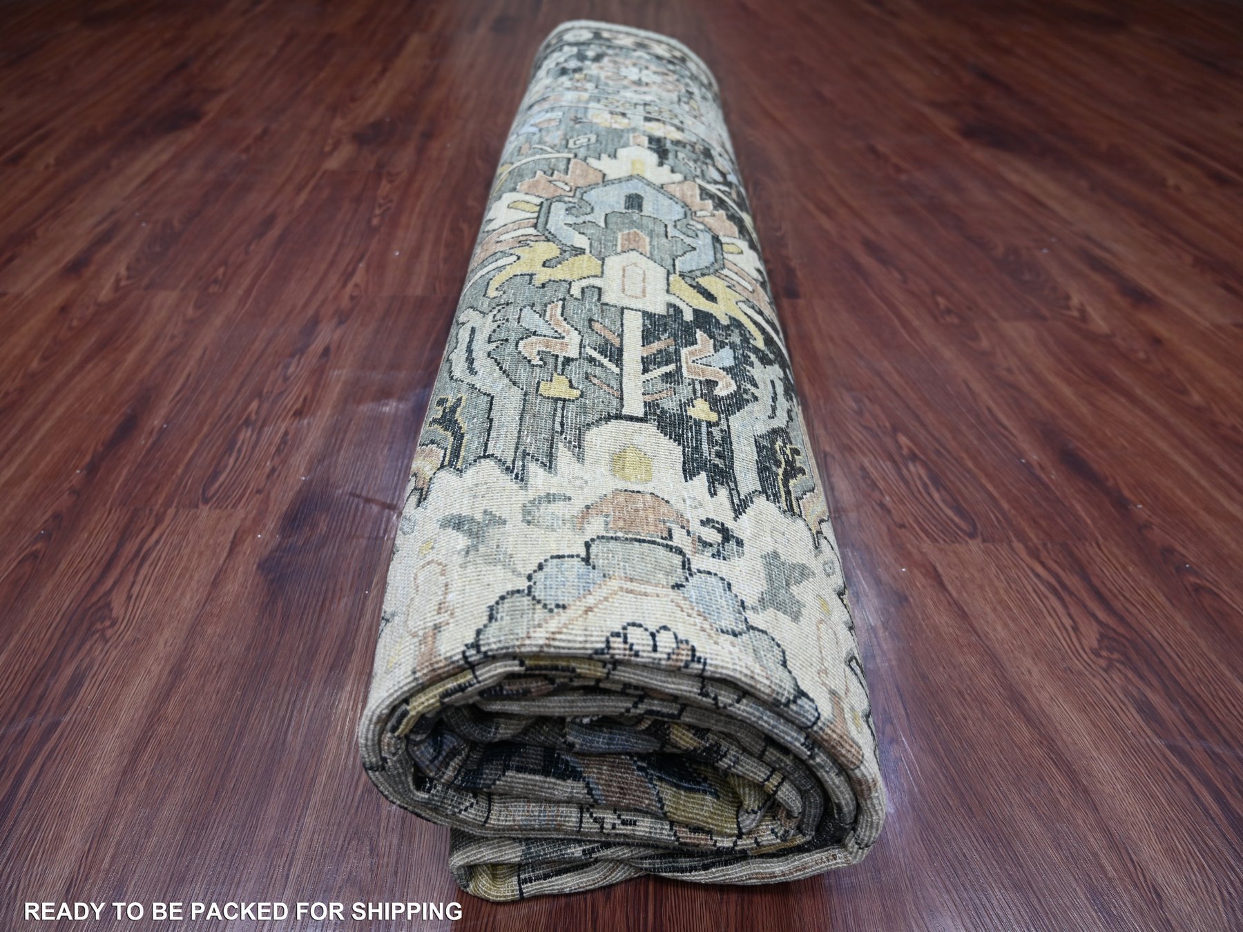 9'1"x11'8" Charcoal Black with Gold, Broken and Erased Serapi Heriz Design, Aryana Grade, High Mountain Shiny Afghan Wool, Hand Knotted, Oriental Rug HR23894 - Image 9