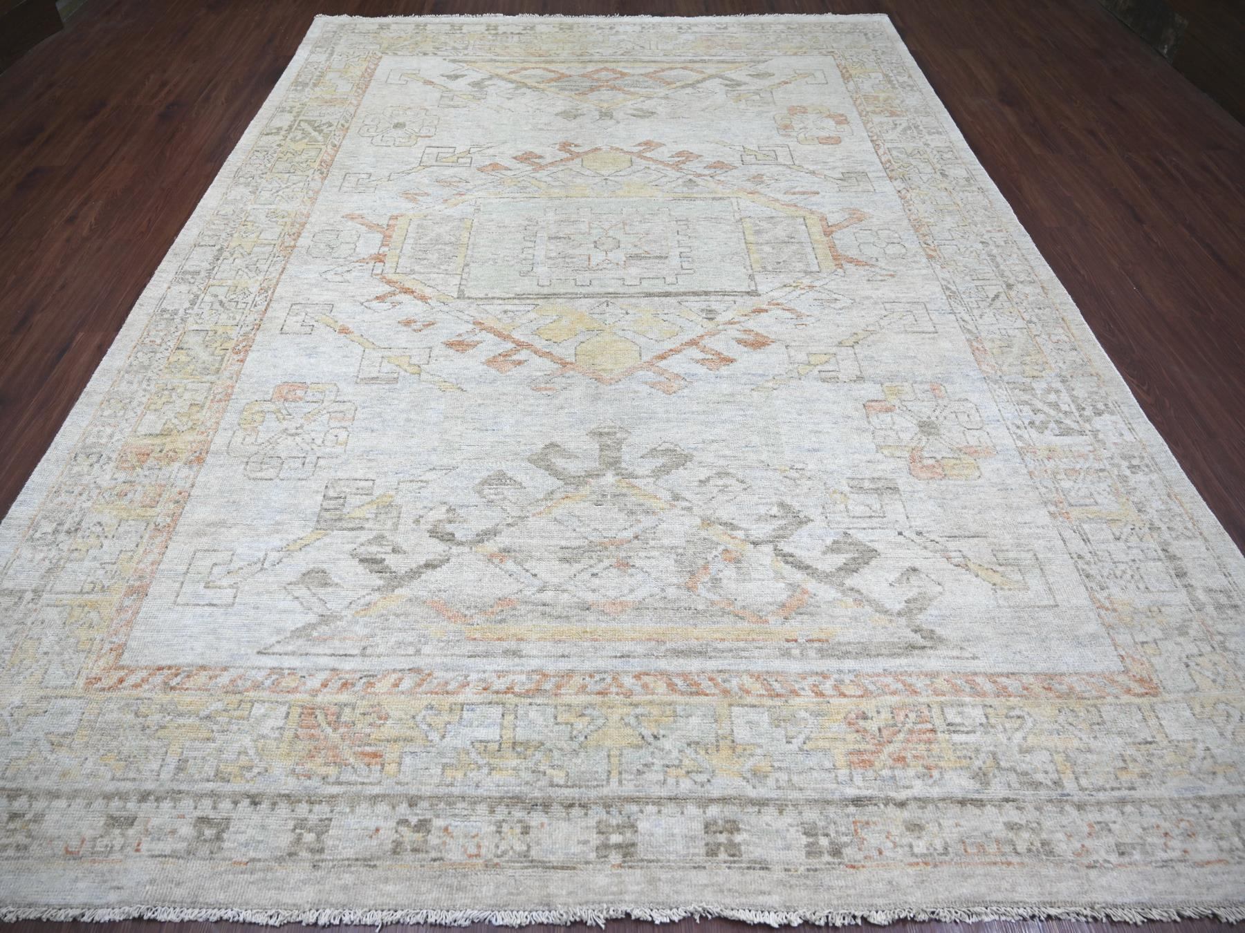 8'10"x11'10" Silver with Gold, Turkish Oushak with Geometric Design, High Mountain Ghazni Wool, Hand Knotted, Oriental Rug HR23896 - Image 2
