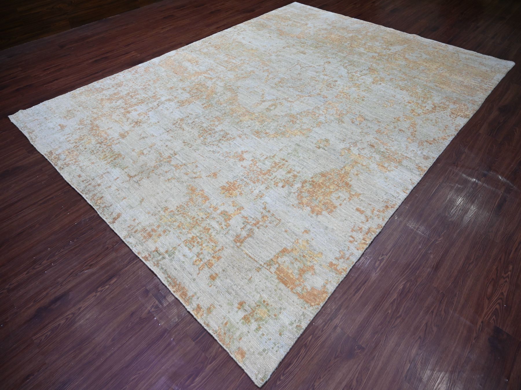 8'7"x11'7" Cloud Gray with Gold, Abstract Design, High Mountain Wool, Hand Knotted, Oriental Rug HR23898 - Image 3